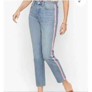 Talbots Modern Ankle Jeans Pink White Ribbon Trim Light Wash Sz 16 High Rise